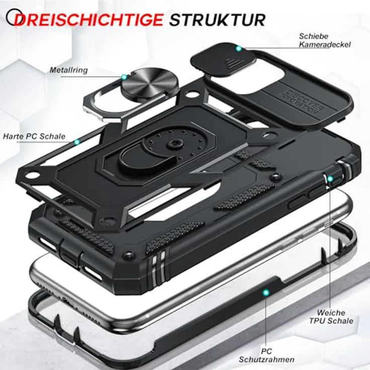 LeYi iPhone 11 Hülle mit 2X Panzer Glas, 360° Ring Halterung, Kameraschutz Schiebe, Schwarz – Bild 5