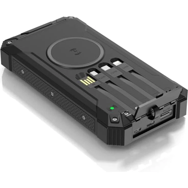 Denver PSC-20012 Powerbank 20.000 mAh, mit 4 integrierten Kabeln, kabellosem Laden, Solarpanel und LED-Taschenlampe, Schwarz – Bild 2