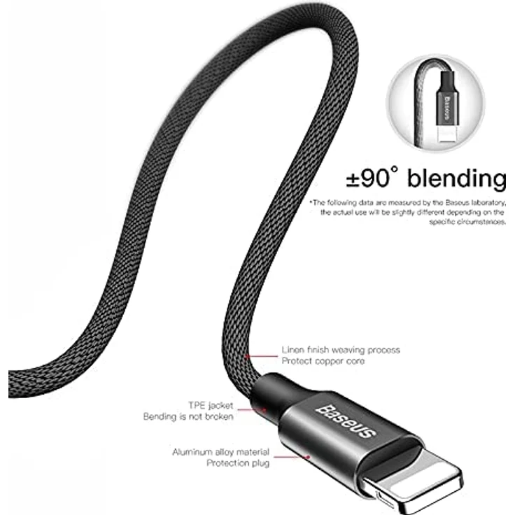 Baseus Yiven 120 cm Ladekabel 2 A Schnelle und Daten-Kabel geflochtene Metall Aluminium Anschluss USB auf Lightning (iPhone)-schwarz – Bild 4
