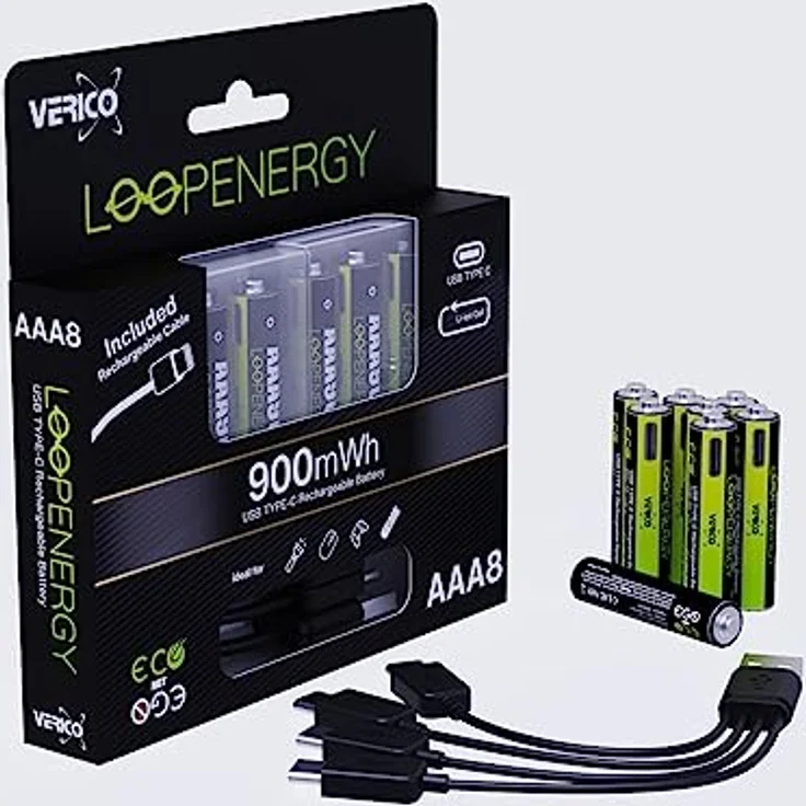 VERICO LoopEnergy AAA 900 Wiederaufladbare USB-C Batterie AAA 1,5V 900mWh (600mAh) Li-Ion, Schnellladung via USB-C Anschluss in ca. 2 Stunden, 8er Pack AAA, 1 Kabel USB - A auf 4 x USB-C – Bild 3