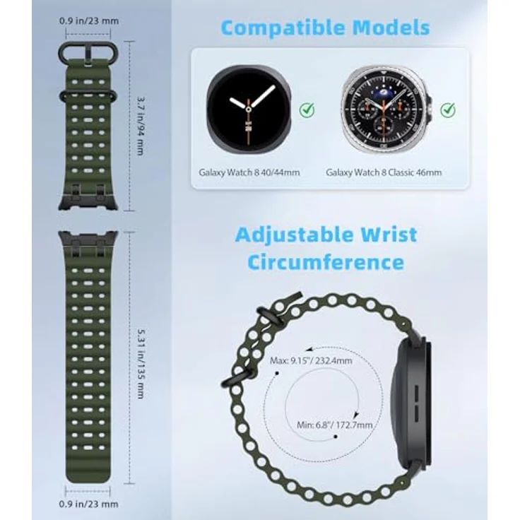 MoKo Ocean Armband für Samsung Galaxy Watch 8 (40mm, 44mm) und Galaxy Watch 8 Classic (46mm), Atmungsaktives Silikon mit Metallverbindern, Schwarz/Armeegrün – Bild 2