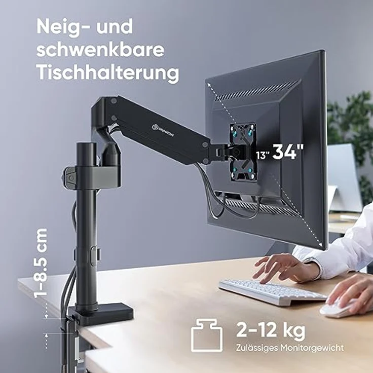 ONKRON VESA Monitor Halterung Tisch/Monitor Arm 1 Monitor schwenkbar für 13-34 Zoll Bildschirme 2-12 kg min VESA 75 x 75 max VESA 100x100 Tischhalterung G75-B Schwarz – Bild 2