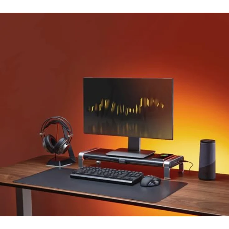 my wall HyperGaming Monitor Rack - HT43L, Monitorständer, RGB Beleuchtung, Qi-Charger, Bildschirmerhöhung, Inklusive USB Hub und Schubladen, Monitorerhöhung, Gaming Setup – Bild 2