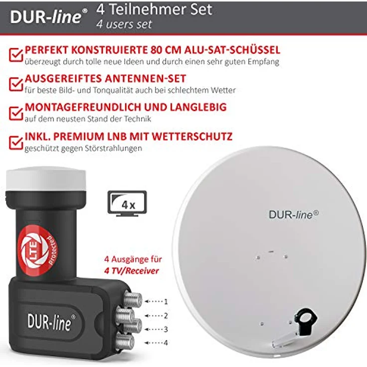 DUR-line MDA 80 Satellitenschüssel hellgrau + Quad LNB – Bild 2