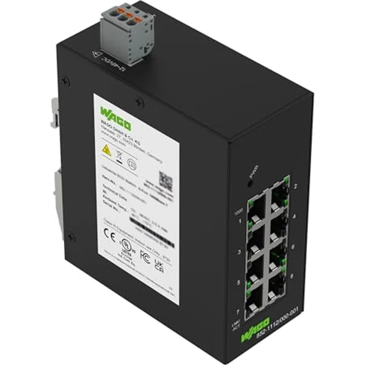 WAGO Industrial-ECO-Switch 852-1112/000-001 | mit 8 ETHERNET‐Ports 10/100/1000 MBit/s Autonegotiation und Diagnose-LEDs auf der Vorderseite, unterstützt bis zu 8000 absolute MAC‐Adressen, schwarz – Bild 1