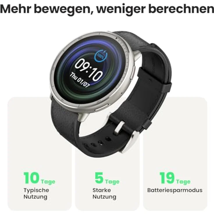 Amazfit Active 2 Premium – Edelstahl, schwarzes Lederarmband, 1,32" AMOLED, GPS, iOS & Android kompatibel, Unisex – Bild 4
