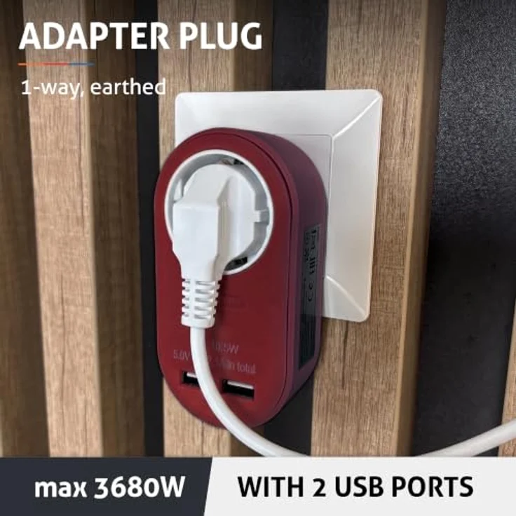 Entac Power Adapter, 1 Grounded Socket und 2 USB-Anschlüsse (2.1A), burgundy, kompaktes Design – Bild 2