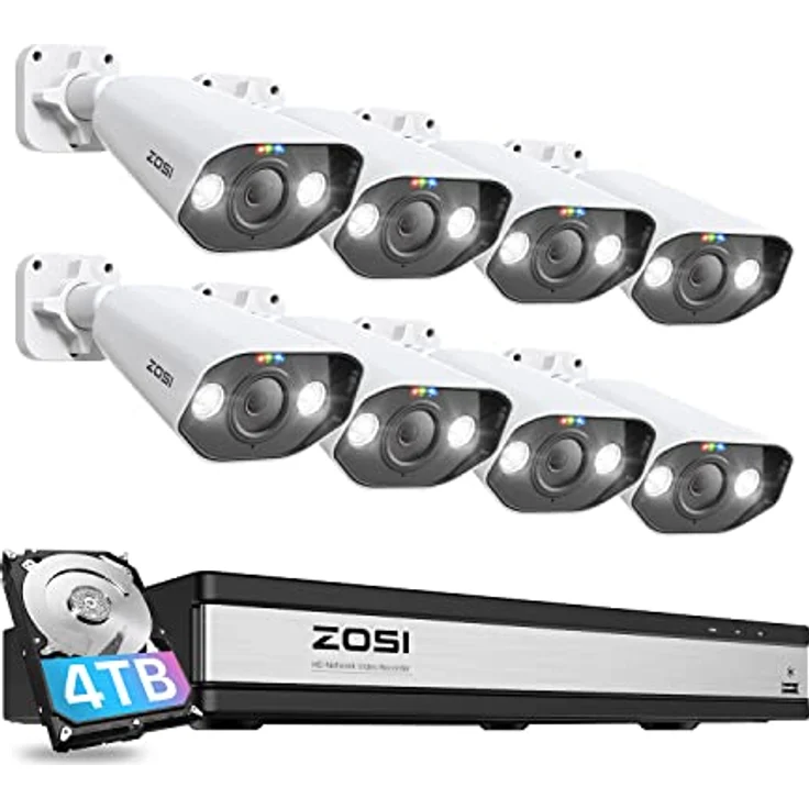 ZOSI 4K Überwachungskamera Aussen Set mit Audioaufnehmen, Smart Videoüberwachung mit 16CH 4TB HDD NVR und 8X 8MP POE Kamera, Personenerkennung, C182 – Bild 1