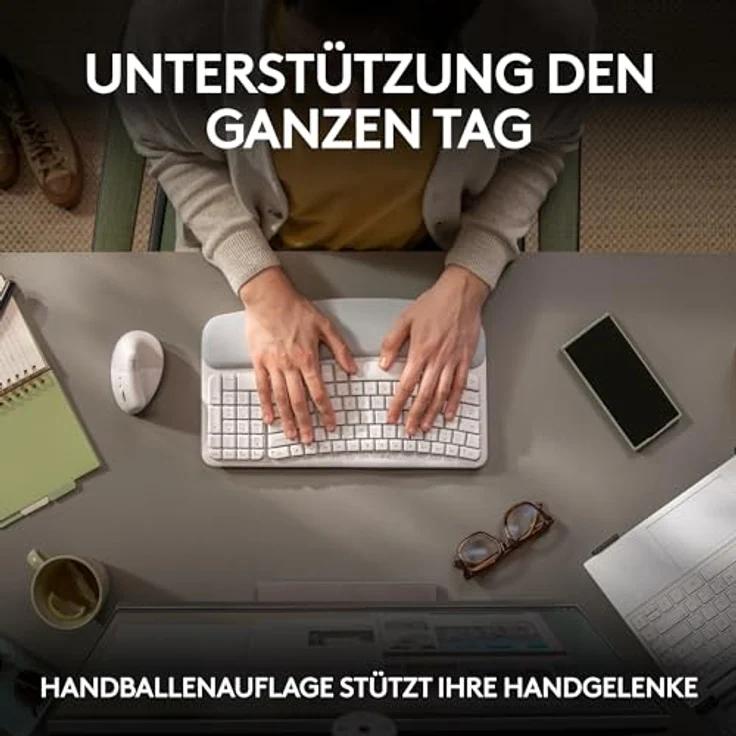 Logitech Wave Keys kabellose ergonomische Tastatur, gepolsterte Handballenauflage, komfortables natürliches Tippen, Easy-Switch, Bluetooth, Logi Bolt, Multi-OS,Windows/Mac,Deutsches QWERTZ Layout-Weiß – Bild 5