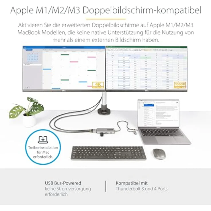 StarTech.com USB-C Multiport Adapter mit USB-C zu USB-A Dongle, USB C Docking Station 2X HDMI (4K30Hz/1080p60Hz), 3X USB-A 5Gbps, Mini Dock, Laptop Dockingstation, 40cm Kabel (167B-USBC-MULTIPORT) - Erhöhte Produktivität und Dual Display Kompatibilität, Silber – Bild 3