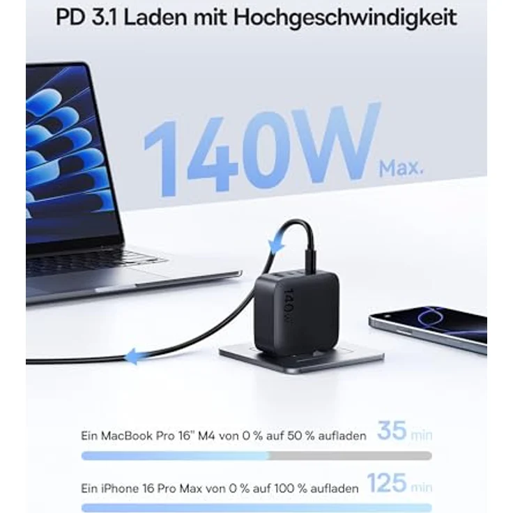 Baseus Enerfill 140W USB C Ladegerät, 4-Port PD Charger mit GaN-Technologie für MacBook Pro/Air, iPhone 17/16/15/14/13/12 Pro Max, Galaxy S25, Pixel, kompakt und tragbar – Bild 2