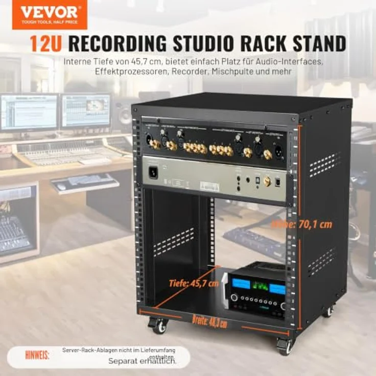 VEVOR 12U Server-Rack mit 226,8 kg Kapazität, Netzwerk-Stereo-Aufnahmestudio-Rack mit feststellbaren Lenkrollen, 510 x 460 x 700 mm – Bild 2