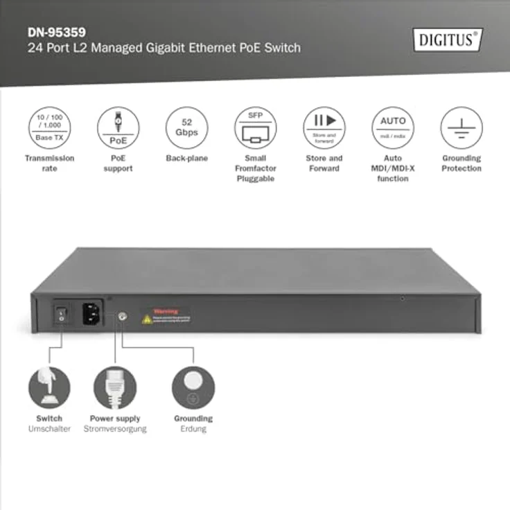 DIGITUS 27-Port Managed Gigabit PoE Netzwerk-Switch - 24 RJ45-Ports - 2 SFP-Ports - 1 Console-Port - 450W PoE-Budget - L2 Features - 19 Zoll - 10/100/1000 Mbps - Schwarz – Bild 3