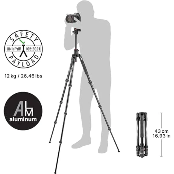Manfrotto Befree GT XPRO Aluminium: Stativ mit Kugelkopf 496, M-Lock-System, 90-Grad-Säule, 200PL-PRO-Platte, für DSLR- oder CSC-Kamera mit langem Objektiv, Makrofotografie, Aluminium, MKBFRA4GTXP-BH – Bild 3