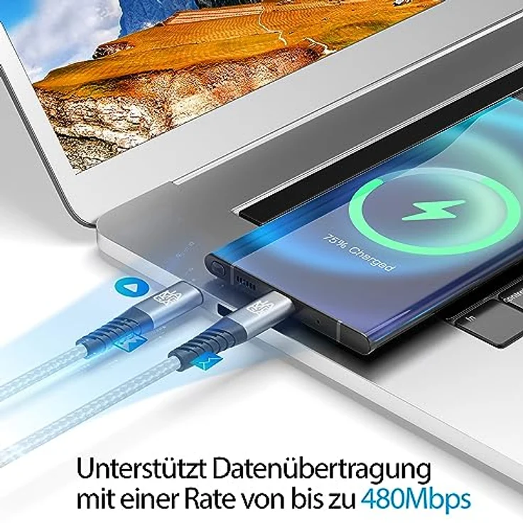 JAMEGA - USB Typ C Kabel Grau 2m | Fast Charge Sync | Kompatibel mit iPhone 15 Pro Max iPad Pro Air Samsung Macbook Tablets Huawei uvm. – Bild 2