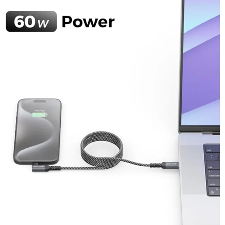 deleyCON 1,5m USB C Kabel Winkel 90 Grad, 60W Schnellladekabel mit PD 3.0, geflochtenes Nylon, USB-C auf USB-C für iPhone 17/16/15, Galaxy A16/A56/S25/S24/S23, Pixel, iPad, MacBook, AirPods, Tablet, Carplay – Bild 5