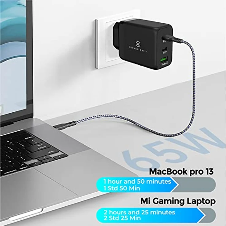 Wicked Chili 65W Schnellladegerät kompatibel mit MacBook Pro-Air, iPhone 14, 13, 12, 11 (Pro, Max, Plus, Mini) und Apple Watch Ultra von QC 4.0+ & PD PPS USB-C Netzteil für Tablet, Handy, Laptop – Bild 3