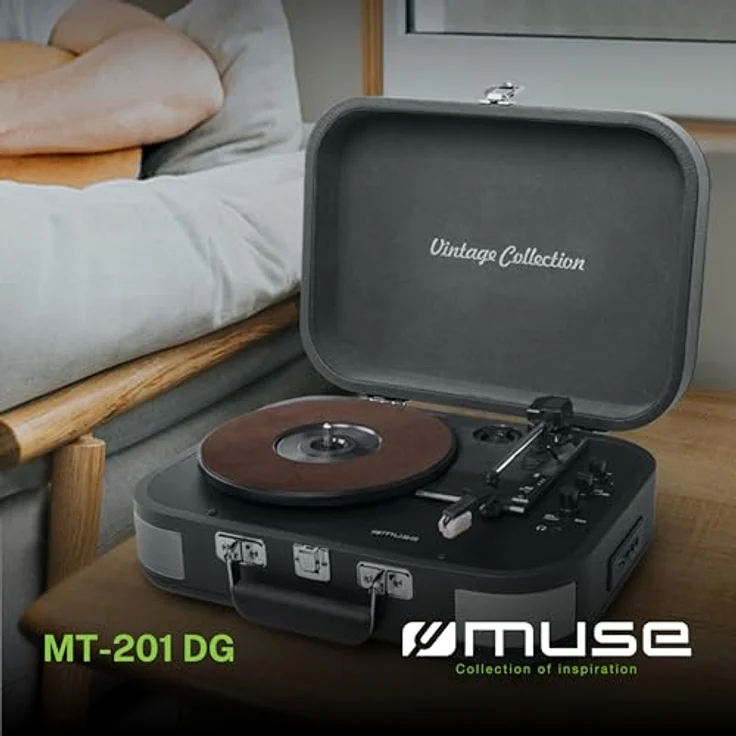 Muse MT-201 Retro Plattenspieler mit Bluetooth, eingebaute Stereo Lautsprecher und USB (RCA-Ausgang, AUX-Eingang, Kopfhöreranschluss), grau – Bild 3