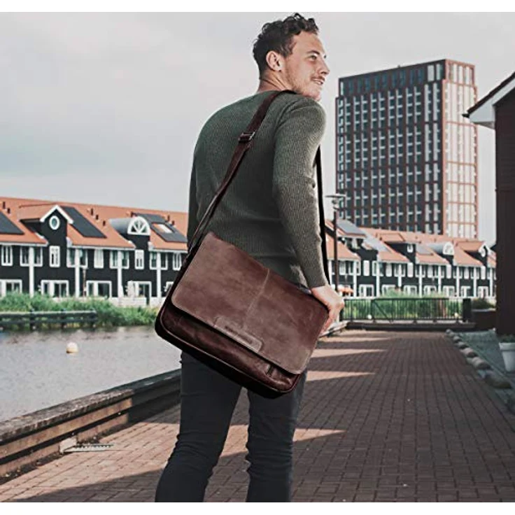 The Chesterfield Brand Richard Umhängetasche, Laptoptasche aus gewachstem Rindleder, braun, mit smartem Laptopfach (40 x 11 x 32 cm) – Bild 2