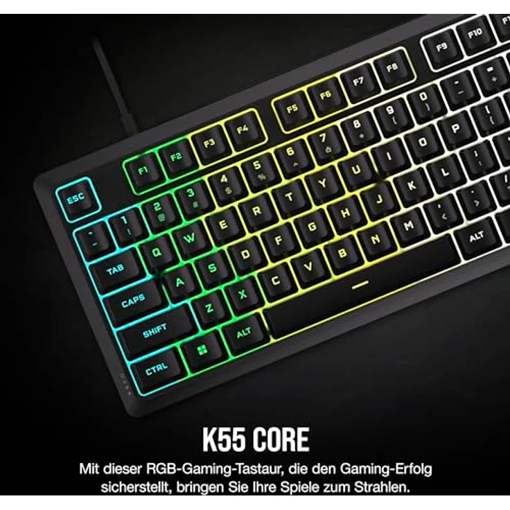 Corsair K55 CORE RGB Membran Kabelgebundene Gaming-Tastatur – Leise, Reaktionsschnelle Schalter – Spritzwasserschutz – Zehn-Zonen-RGB – Medientasten – iCUE-Kompatibel – QWERTZ DE – PC, Mac – Schwarz – Bild 2