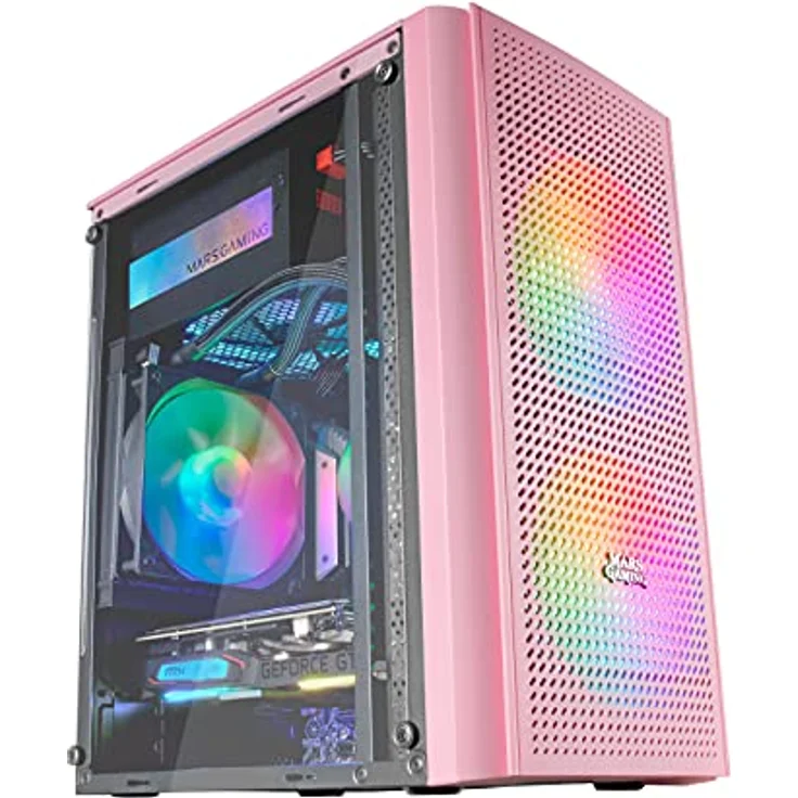 MARSGAMING Gaming MC300P Rosa, MicroATX PC Gehäuse, Gehärtetes Glas, Mesh Front, 3xFRGB Lüfter – Bild 1
