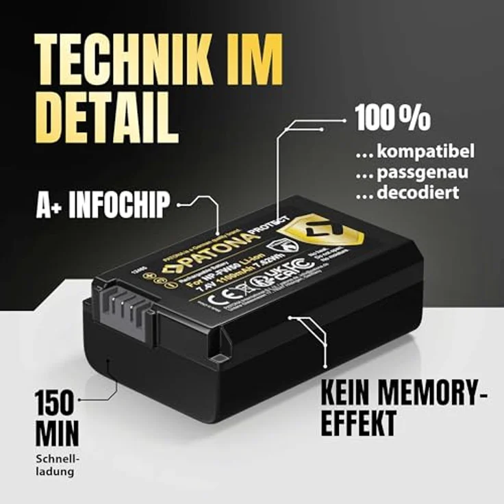 PATONA Protect NP-FW50, 1100mAh Kamera-Akku für Sony Alpha 7, 7R, 7II, 7S, A5000, A6000, A6300, A6400, ZV-E10, mit Überladungsschutz und langer Akkulaufzeit – Bild 5