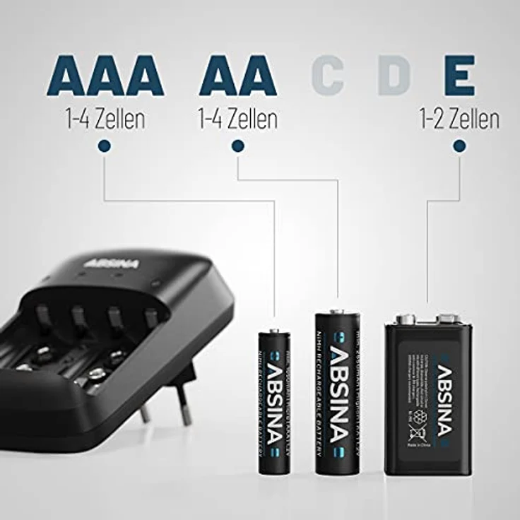 ABSINA Akku Ladegerät X4 für AA, AAA & 9V - Akkuladegerät 4-Fach zum Laden von wiederaufladbaren Akkus - NiMH Ladegerät Akku für Micro AAA, Mignon AA & 9V Block Akkus - Batterieladegerät – Bild 3