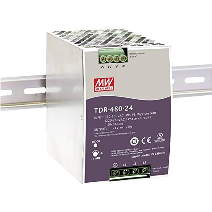 Mean Well TDR-480-24, Dreiphasiges Industrie-DIN-Schienen Netzteil 480W mit PFC-Funktion und aktiver Überspannungsbegrenzung