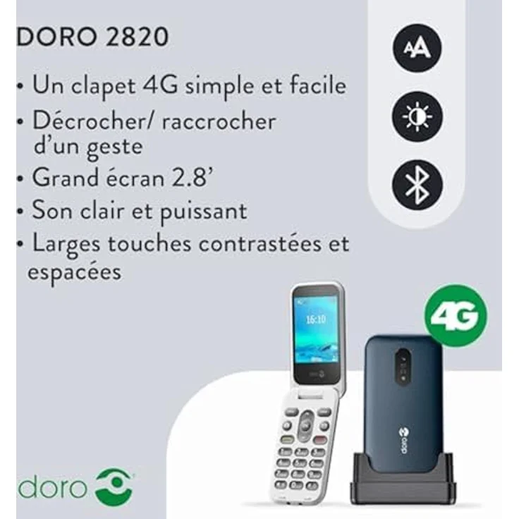 Doro 2820 4G Klapphandy für Senioren, entsperrt - Große sprechende Tasten - Kamera - Bluetooth - Notruftaste - Einfaches Mobiltelefon ohne Internet (Blau/Weiß) – Bild 2