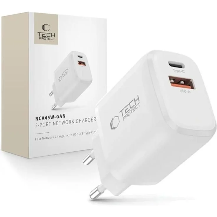 Tech Protect NCA45W GAN, 2 Port USB-C und USB-A Wandladegerät mit 45W PD und 18W QC, kompakt und leistungsstark