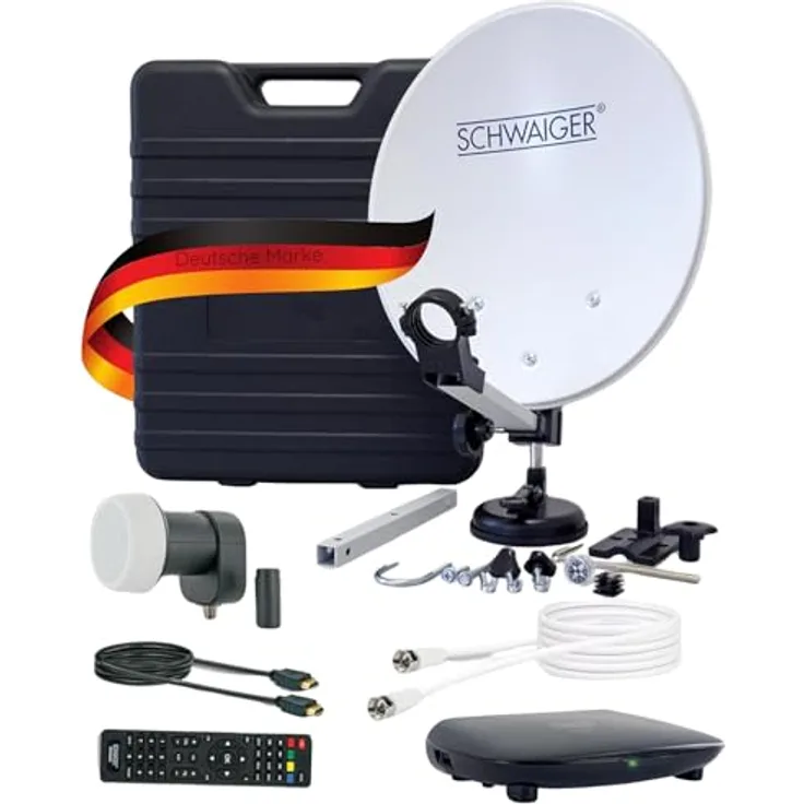 SCHWAIGER 9604 Camping Sat-Anlage, Komplett-Set mit 35cm Stahl Antenne, Single LNB, vorprogrammiertem HD Receiver und 10m Satelliten-Kabel im Transportkoffer