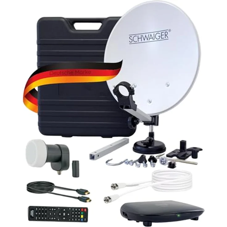 SCHWAIGER 9604 Camping Sat-Anlage, Komplett-Set mit 35cm Stahl Antenne, Single LNB, vorprogrammiertem HD Receiver und 10m Satelliten-Kabel im Transportkoffer – Bild 1