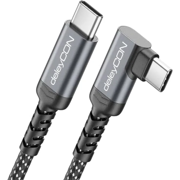 deleyCON 0,5m USB-C Kabel gewinkelt 90° (60W Schnellladekabel) mit PD 3.0 für iPhone 17/16/15, Galaxy A16/A56/S25/S24/S23, Pixel, iPad, MacBook, robustes Nylon mit Knickschutz