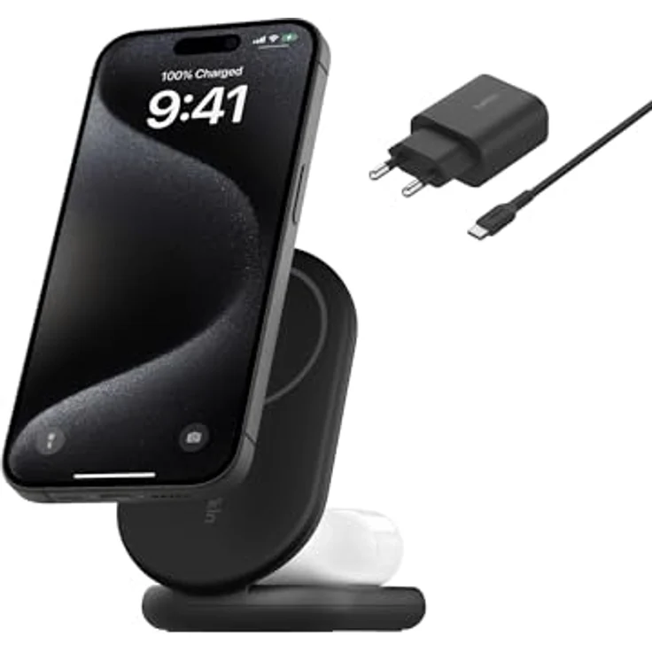 Belkin BoostCharge 2-in-1 magnetisches einklappbares Ladegerät Qi2, MagSafe-kompatibles 15 W, Schwarz – Bild 1