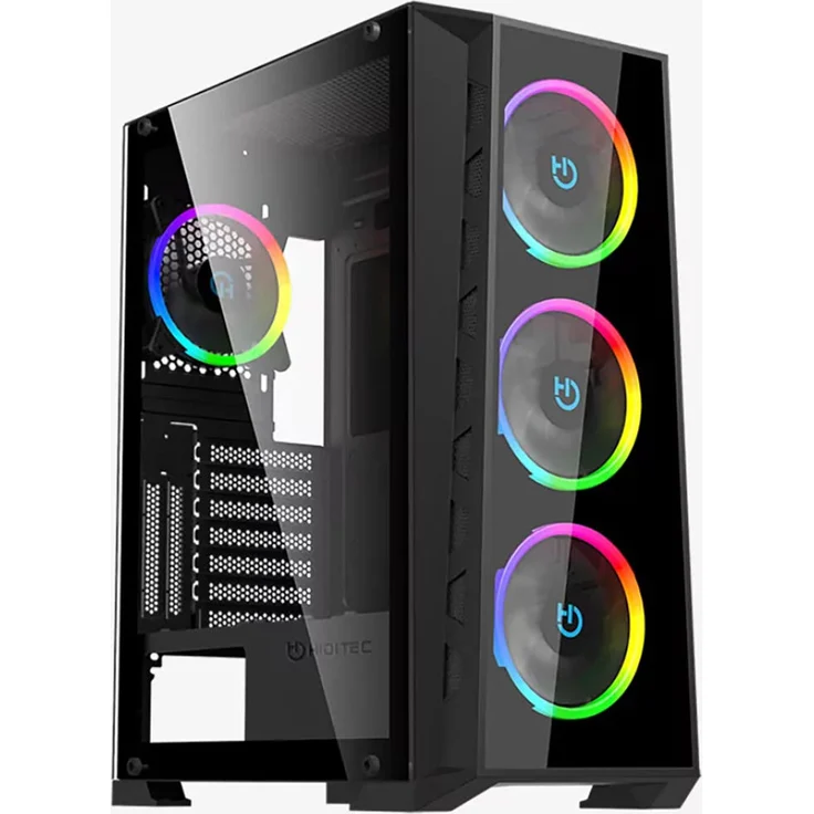 Hiditec Mh12 PC-Tower-Gehäuse, ATX, EATX, ITX, Schwarz, mit Seitenfenster und Multi-LED-Beleuchtung