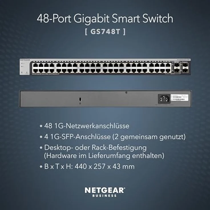 NETGEAR GS748T 48-Port Gigabit Ethernet Smart Switch: Managed, inkl. 1 Jahr Insight Cloud Management, mit 2 1G SFP und 2 1G Combo, Desktop- oder Rack-Befestigung, Design in schwarz – Bild 2