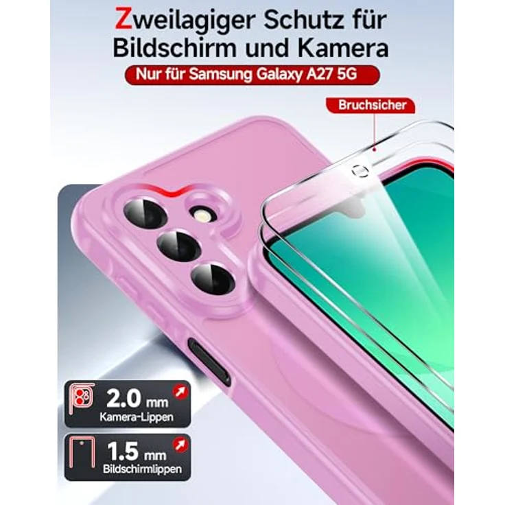 LeYi Magnetische Handyhülle für Samsung Galaxy A27 5G, Militärschutz Case mit mattem Durchscheinenden Design, Rosa, 2 Stück Schutzfolie – Bild 4