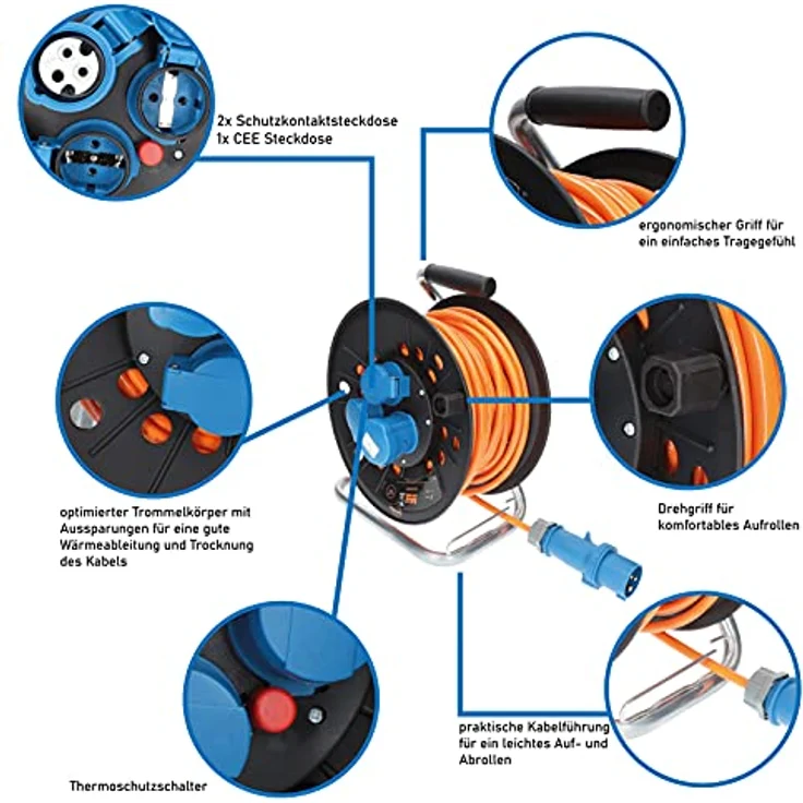 KALLE DAS KABEL Kabeltrommel Camping CEE-Campingkabeltrommel Wohnmobil-Kabeltrommel H07BQ-F 3G 2,5mm² EXTREME SIGNAL 25 Meter, Orange – Bild 3