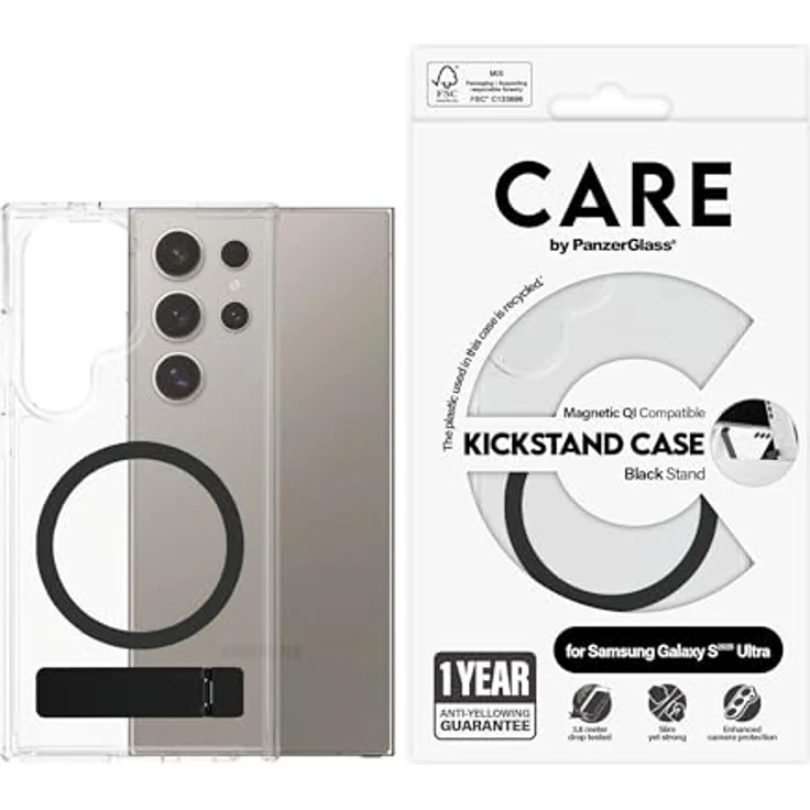 Panzerglass Care Schutzhülle für Samsung Galaxy S25 Ultra, 360° Aluminiumständer, freihändiges Betrachten, recycelt, transparent – Bild 3