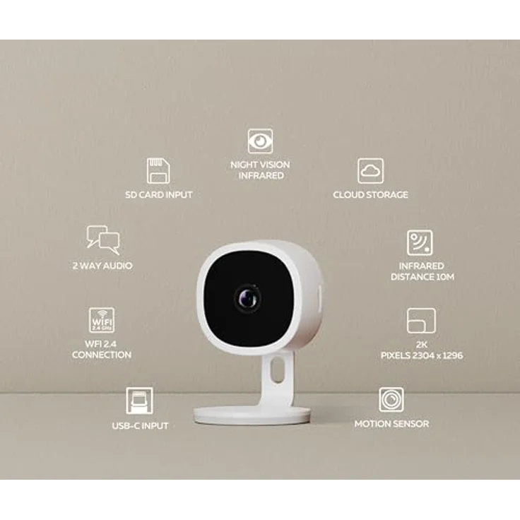 Calex Smart Security Sicherheitskamera, 2K WLAN IP-Kamera mit Nachtsicht, 2-Wege-Audio und App-Steuerung, weiße Oberfläche – Bild 2