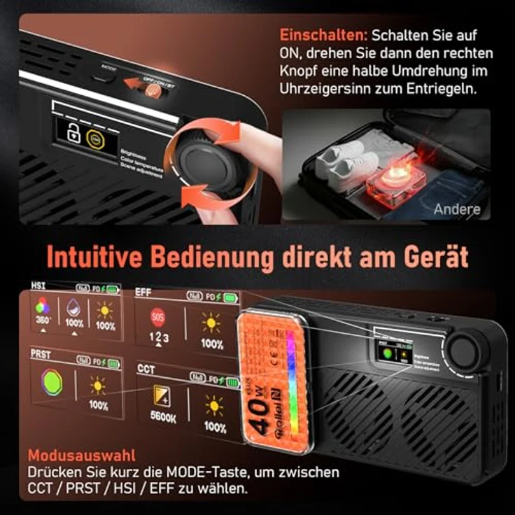 Rollei LUX Compact 40W RGB LED Videoleuchte, Kamera Licht mit 3350 mAh Akku, Typ-C-Aufladung und Steuerung per Candela App, für Fotografie und Videoproduktion im Taschenformat – Bild 5