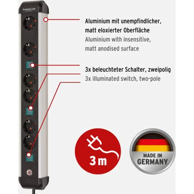 Brennenstuhl Premium-Alu-Line Steckdosenleiste 6-Fach/Steckerleiste aus hochwertigem Aluminium (Mehrfachsteckdose mit 3X 2-Fach schaltbare Steckdosen,3m Kabel, Made in Germany) – Bild 2