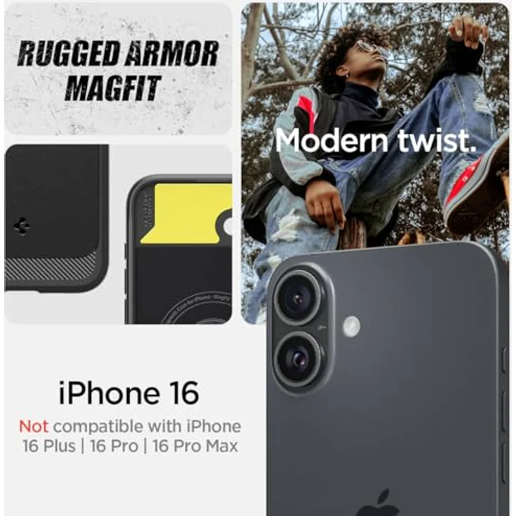 Spigen Rugged Armor MagFit Hülle für iPhone 16, Kompatibel mit MagSafe Zubehör -Schwarz, Integriertes Magnet, Karbon Look, XRD-Pad, Air Cushion Technologie – Bild 2