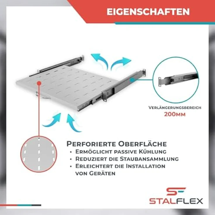 STALFLEX Server Netzwerkschrank 19 Zoll 1U, Hochbelastbarer Stahl, Universell Ausziehbares Belüftetes Rackmontage Kragarmtablett, 350mm Fachboden – Bild 3