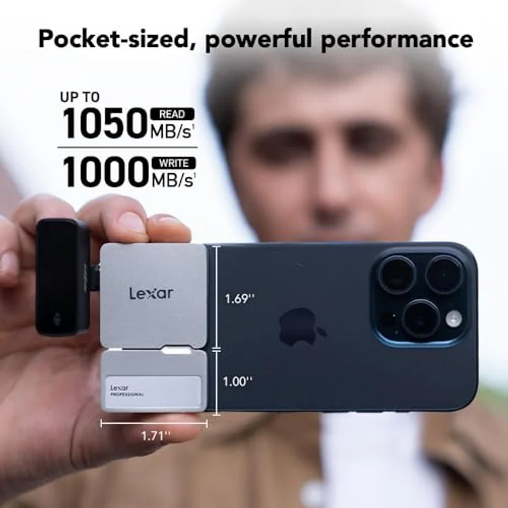 Lexar Professional Go Portable SSD mit HUB 1TB, ultrakompakt, bis zu 1050MB/s Lesen und 1000MB/s Schreiben, USB 3.2 Gen 2, für iPhone 15/16, Silber – Bild 3