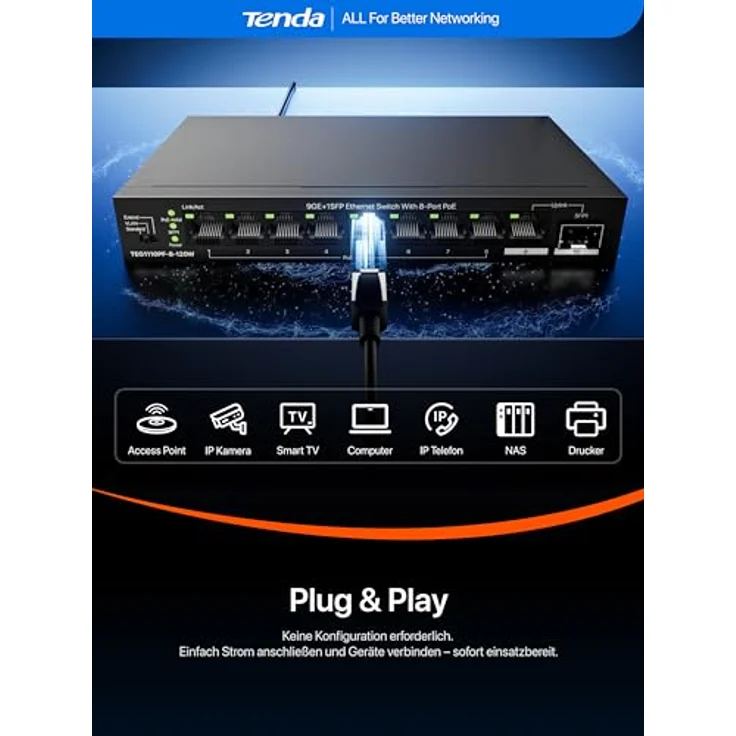 Tenda Switch TEG1110PF-8-120W, Unmanaged Netzwerk Switch mit 9 Ports und 92 Watt PoE-Leistung, Schwarz – Bild 6