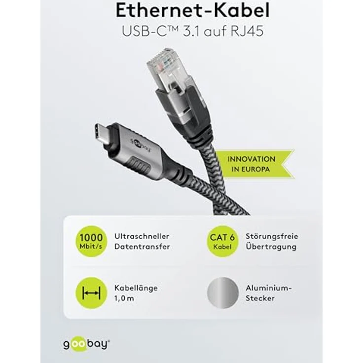 Goobay 70696 USB-C auf RJ45 Ethernet CAT 6 Kabel für stabile kabelgebundene Internetverbindung mit Router/Modem/Netzwerk Switch/Ersetzt USB auf RJ45 Adapter / 1 Gbit/s / 1 Meter – Bild 2
