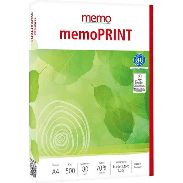 memo Kopierpapier memo Recycling-Kopierpapier 'memoPRINT' 500 Blatt, Blauer Engel zertifiziert, 100% Altpapier, DIN A4, 80 g/m²
