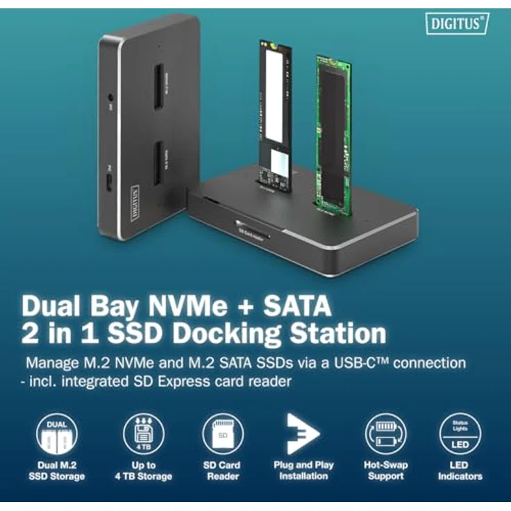 DIGITUS M.2 SSD-Dockingstation für NVMe- und SATA-SSDs bis 4 TB, USB-C 3.2 Gen2 10 Gbit/s, Hot-Swap, Schwarz – Bild 3