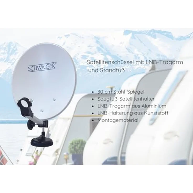 SCHWAIGER 9604 Camping Sat-Anlage, Komplett-Set mit 35cm Stahl Antenne, Single LNB, vorprogrammiertem HD Receiver und 10m Satelliten-Kabel im Transportkoffer – Bild 3